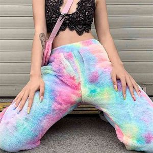 OMSJ Flannel High Waist Tie Dye Print Jogger Pants Autumn Winter Women's Soft Warm Colorfur Streetwear Sweatpants Trousers 210517