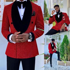 Glitter Red Cekiny Męskie Garnitury Groom Nosić Wesele Blazer Tuxedos Formalne Business Prom Spodnie Płaszcz Kurtka 3 sztuki