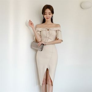 女性のための肩のミディドレスのための夏のフリルスリーブストラップレスセクシーな女性韓国オフィスボディコンドレス210602