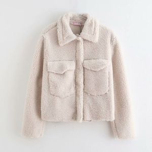 Snygga chic kvinnor beige fickor design fleece jacka mode vinter kvinnlig varma ner cashmere coat casual girls ytterwear 210520
