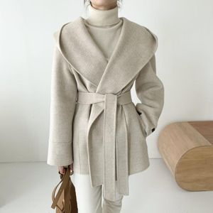 Kvinnorsullblandningar Hzirip Höst Vinter Ol Eleganta Kvinnor Faux Coats Solid Cardigan Minimalistisk Hooded Woolen Coat Oversize Outwear med Var