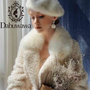 Dauwawa Tjock Real Sheep Fur Coat Kvinna Lång Furry Fur Collar OuterWear Coat Kvinnor Höst Vinter Vintage Varm DT1DFR014 210520