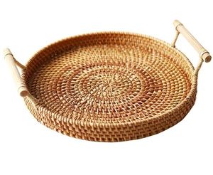 Rattan Tray Przechowywanie Okrągłe Talerze z uchwytem Ręcznie tkane Wiklinowe Chleb Owoce Jedzenie Wyświetlanie Śniadanie L Szybka przesyłka