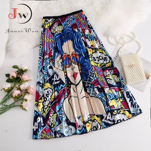 Fashion Women Vintage Summer Party Pleated Casual Print A Line Skirts Robe Femme One Size Lastic Band Midi Skirt 210510