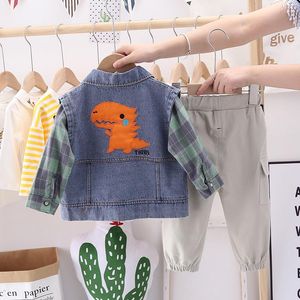 Wholesale toddler denim vest for sale - Group buy Clothing Sets Spring Boy Baby Kids Clothes Denim Vest Plaid Shirt Pants Toddler Infant Child Casual Costume