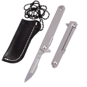 Samior S08 Mini Slim Flipper Folding Scalpel Neck Knife with 10pcs #24 Blades, Titanium Handle Frame Lock, Utility EDC Keychain Pocket Knives Leather Sheath on Sale