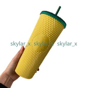 Starbucks Double Hawaiian Yellow Durian Laser Straw Cup 710ML Tumblers Mermaid Plastic Cold Water Coffee Cups Gift Mug