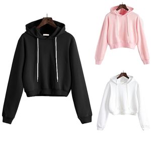 Kvinnor Plain Hoodies Crop Top Solid Färg Långärmad Dam Hooded Pullover Sommar Höst Mode Tjej Sweatshirts Kläder 210809