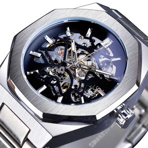 Forsining Silver Mens Watches Top Brand Luxury Automatic Mechanical Stainless Blue Fashion Skeleton Orologio da lavoro impermeabile Q0902