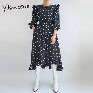 Yitimuceng Polka Dot Dresses Women Lace Up Korean Fashion Midi Dress Long Sleeve Office Lady Blue Black Sundress Spring 210601