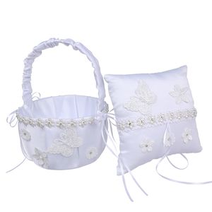 White Satin Wedding Basket Pillow Set Butterfly Pattern Bowknot Ring Bearer Pillows and Bride Flower Girl Baskets H-5665