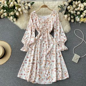 Singreiny韓国の花ドレスデザイン巾着Ruched Square Collar PuffスリーブAラインのドレス夏のBoho Print Vacation Dring 210419