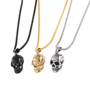 Fashion Punk Goth Stainless Steel Necklace Skull Head Pendant For Men Accessories Gothic Jewelry With 3MM Chain
