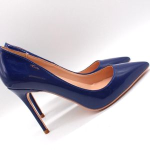 Moda Mulher Royal Blue Patente Patente Ponto de Toe Steletto Sapatos de salto alto Sapatos de salto alto Vestido de noiva