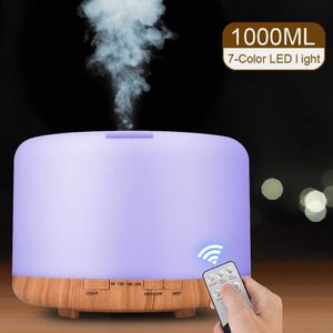 1000ml Aroma Dyfuzor ultradźwiękowy nawilżacz powietrza Aromaterapia Essential Oil Mist Dister z pilotem Light Light dla domu 210724