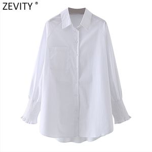 Women Fashion Solid Color Oversize White Smock Blouse Office Lady Elastic Long Sleeve Shirts Chic Blusas Tops LS7626 210420