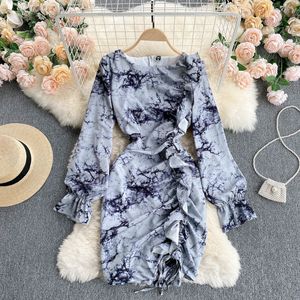 SINGREINY Design Tie dye Dress Women Korean Style Drawstring Ruched Long Sleeve Slim Dress Spring Fashion Streetwear Short Dress 210419