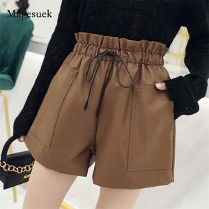 Outono estilo coreano PU shorts de couro elástico moda solta perna larga sólida uma linha lace up mulheres spodenki 10905 210518