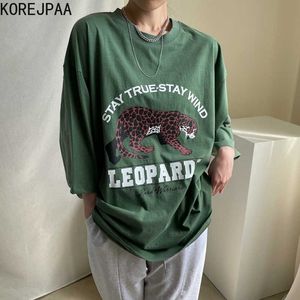 Korejpaa T-shirt da donna estiva coreana chic tutto-fiammifero girocollo leopardo stampa lettera allentata casual versione grande pullover 210526