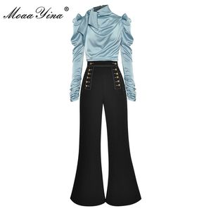 Fashion Designer Set Autumn Women Ruched Long Sleeve Tops+Double breasted bell-bottoms Two-piece set 210524