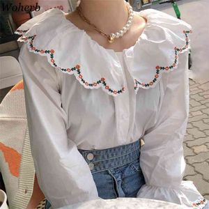 Koreański Chic Moda Loose Vintage Flowel Haft Peter Pan Collar Kobiety Bluzki White Womens Topy Casual Blusas 210519