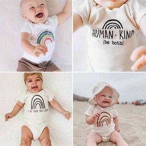 Pamuk Doğan Bebek Beyaz Romper Yaz Bebek Erkek Kız Moda Tulum Gökkuşağı Sevimli Giysiler 210619