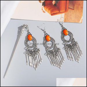 Hair Clips & Barrettes Jewelry 2Pcs Boho Vintage Earring And Hairpin Set Women Aessories Girl Gift Tassel Stone Earrings Sticks For Drop Del