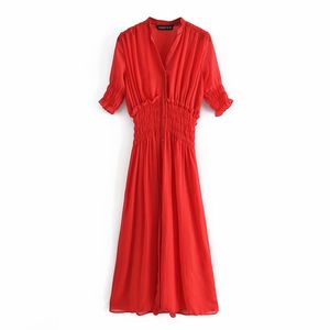 Red Elastic Wasit Short Sleeve Summer Dress Za V-neck Vintage For Holiday Beach Female Midi Dresses 210521