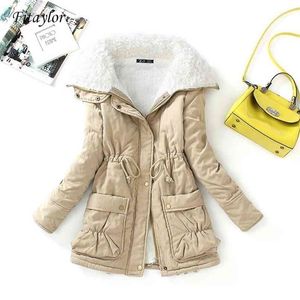 Fitaylor Winter Cotton Coat女性スリムスノーアウトウェアミディアムロングワッディングジャケット厚手の綿パッド暖かい綿パカス210916