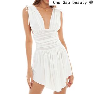 Fashion White Party Evening Dress Sexy Style Pleated Plunge Deep V-Neck Sleeveless es Women Mini Clothes 210514