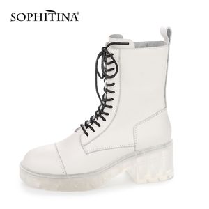 SOPHITINA Women's Shoes Fashion High Quality Handmade Ladies Motorcycle Boots White High Heel Zipper Lace-Up Women Boots SO609 210513