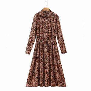 Spring Women Leopard Print Turndown Collar Sashes Midi Shirt Dress Female Long Sleeve Clothes Casual Lady Loose Vestido D7287 210430