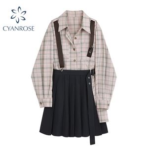 2 pezzi giapponese Harajuku partito manica lunga carino irregolare allentato casual elegante bretelle abiti di moda cintura ragazza vestito longuette 210417