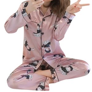 Bahar Ipek Saten Pijama Set Kadın Baskılı Uzun Kollu Pijama Pijamas Takım Elbise Kadın Uyku Iki Parçalı Loungewear Artı Boyutu 210622