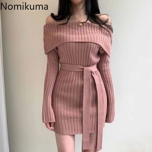 Nomikuma Korea Chic Sexy Fold Slash Neck Sweater Dress Long Sleeve Mini Knitted Dresses Bandage Slim Waist Women Vestidos 6C976 210427