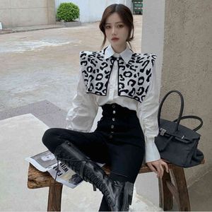 Lucyever leopardo xaile moda blusas femininas outono slow sleeve camisas womens coreano estilo branco all-match tops femme 210521