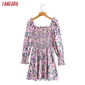 Tangada Women Purple Floralロマンチックなドレスパフ長袖女性ミニドレスvestidos 1F219 210609