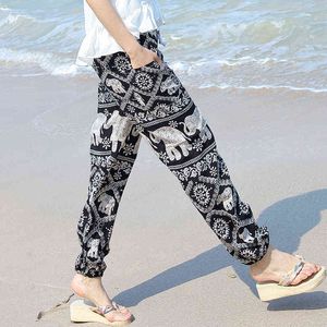 Sommarförsäljning Boho Tryckta bomullsbyxor Lösa byxor Elephant Printing Elastic Hem Midja med fickor Partihandel 211124