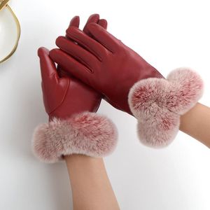 Fingerless Gloves 98652 Female Winter Fashion 2021 Ladies Sheepskin Leather Warm Velvet Points Rex Rabbits Fur Glove Women