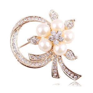 Fashion Jewelry Vintage Gold Brooches Pins Austria Crystals Imitation Pearl Flower Brooch Wedding Accessories