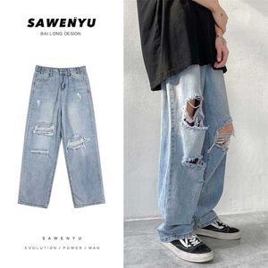 Мужчины женские летний дизайн в шикарной мешковах широкие ноги прямые брюки одежда джинсы мужчины хип-хоп уличная одежда Жан уличная одежда 211108
