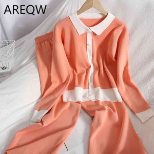 Spring Color Contrast Side Lapel Buttoned Blouse + Thin and All-match Solid Color Wide Leg Trousers Knitted Two-piece Female 210507