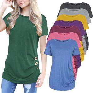 S-2XL Solid Summer Women T-shirt Casual O-Neck Kortärmad Ruched Button Harajuku Lady Tees Toppar Plus Size W259 210526