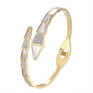Snake-shaped Bracelets & Bangle Composed of Zircon and Shells Bangle for Women Brand Gift Stainless Steel Gold Color Jewelry Q0717