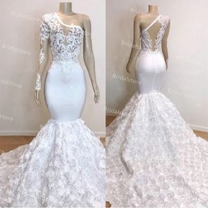 Sexy One Shoulder White Prom Dresses With Lace Long Sleeve Mermaid Evening Gowns Bottom Florals 2021 African Black Girls vestidos fiesta robe de soirée