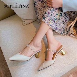 SOPHITINA Summer Women's Sandals Cover Toe Pearl Pointed Toe Shoes Handmade Pure Color Wild Premium Leather Lady Shoes AO677 210513