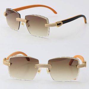 2022 Neue randlose Herren-Damen-Sonnenbrille aus Metall, Original-Holzmischung, Mikropavé-Diamantbesatz, Damen-Sonnenbrille, männlicher und weiblicher Fahrrahmen mit 18-Karat-Gold-Brillen, Größe: 57