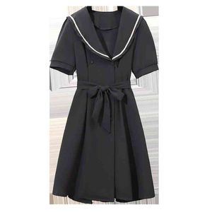 Women Elegant ArmyGreen Bow Belt Sashes Sailor Collar Double Breasted Slim Short Sleeve Dress D3046 210514