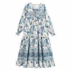 Vintage Stilig handgjorda pärlstav Tassel Floral Lång Klänning Kvinnor Mode Tie O-Neck Klänningar Elegant Ladies Chic Vestidos 210520