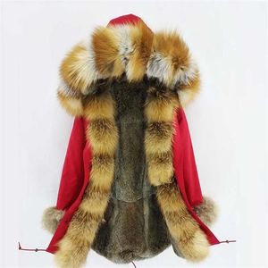 Fashion women's real rabbit fur lining winter jacket coat natural collar hooded long parkas outwear DHL 5-7 Days 211011